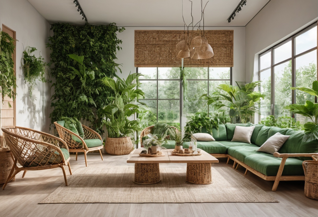 Eco-friendly living room interior with plants and natural wood